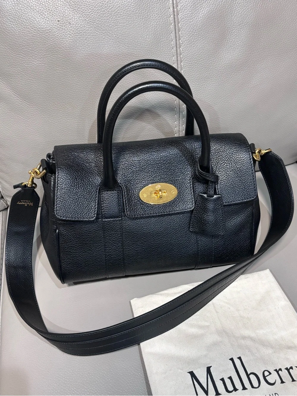 Mulberry Black Pebbled Leather Satchel with Gold Hardware and Strap